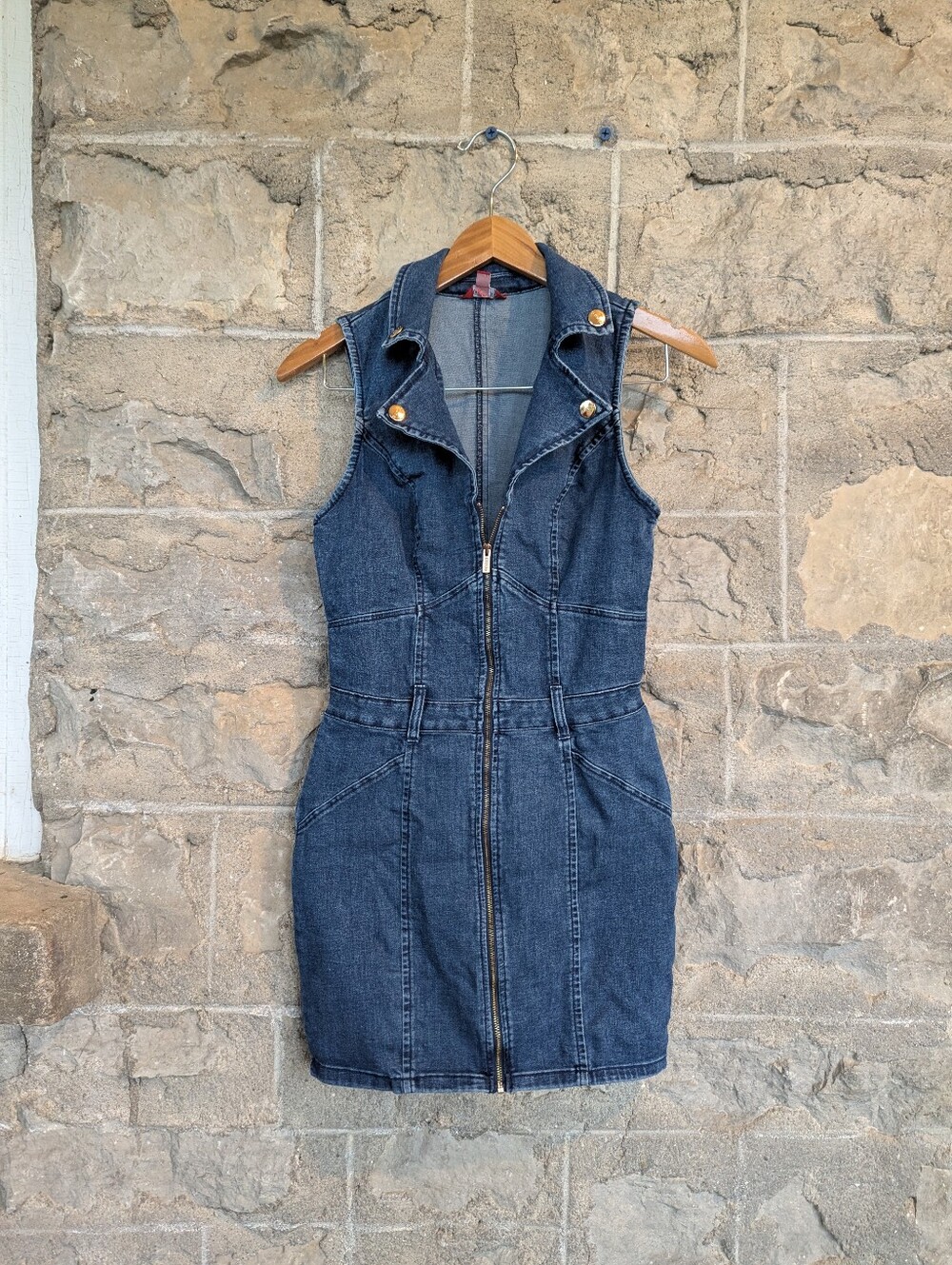 Guess Dark Blue Denim Zip-Front Mini Dress